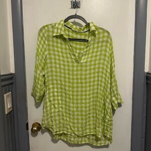 Soft Surroundings Green and White Blouse with Notched Collar and 3/4 Sleeves
